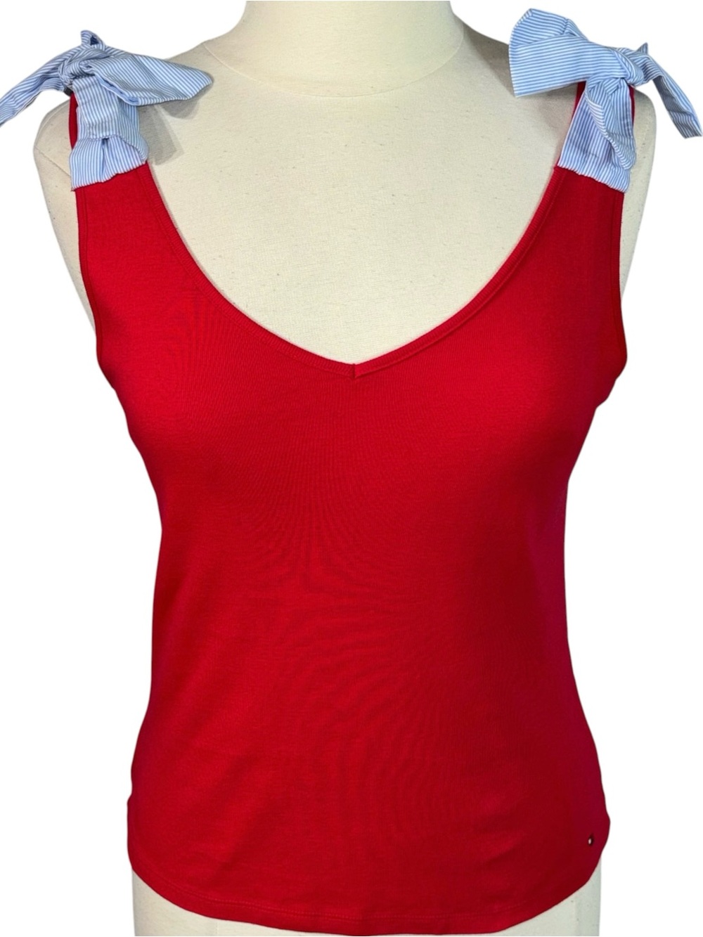 Tommy Hilfiger Red V Neck Tank Top Blue Stripe Bow Shoulders M